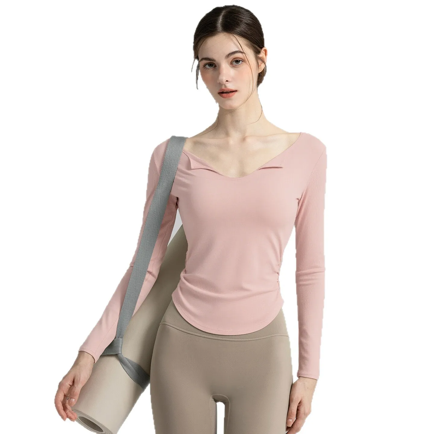 قميص يوجا نسائي من PMWRUN برقبة على شكل حرف V وأكمام طويلة، مريح ومتين للرطوبة - فتل لممارسة اليوجا اليومية