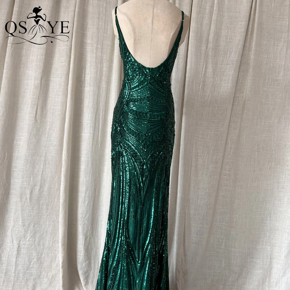 Emerald Prom Dresses New Mermaid Pattern Lace Sequin Evening Gown Party Spaghetti Straps V Neck Backless Green Fit Formal Dress