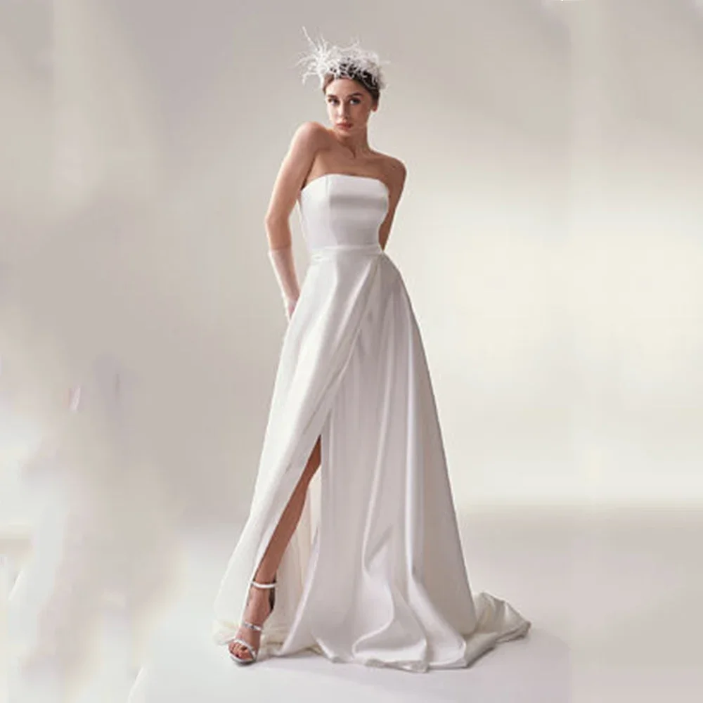 

Customized Elegant Strapless Dress Satin Sleeveless Lace-up Front Slipt Wedding Gowns Sweep Train Vestido De Boda for Women
