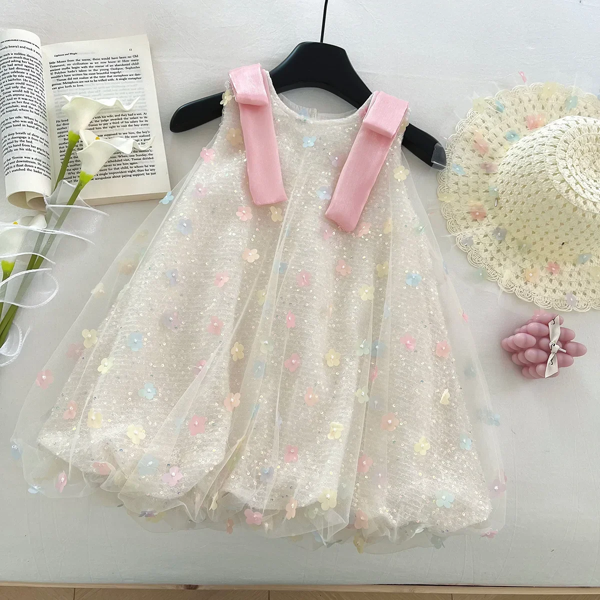 

Children Summer Clothes Vestidos 2025 Top Fashion Girls Baby Sequined 3D Flowers Sleeveless Bow Birthday Party Dresses+hat,Kids