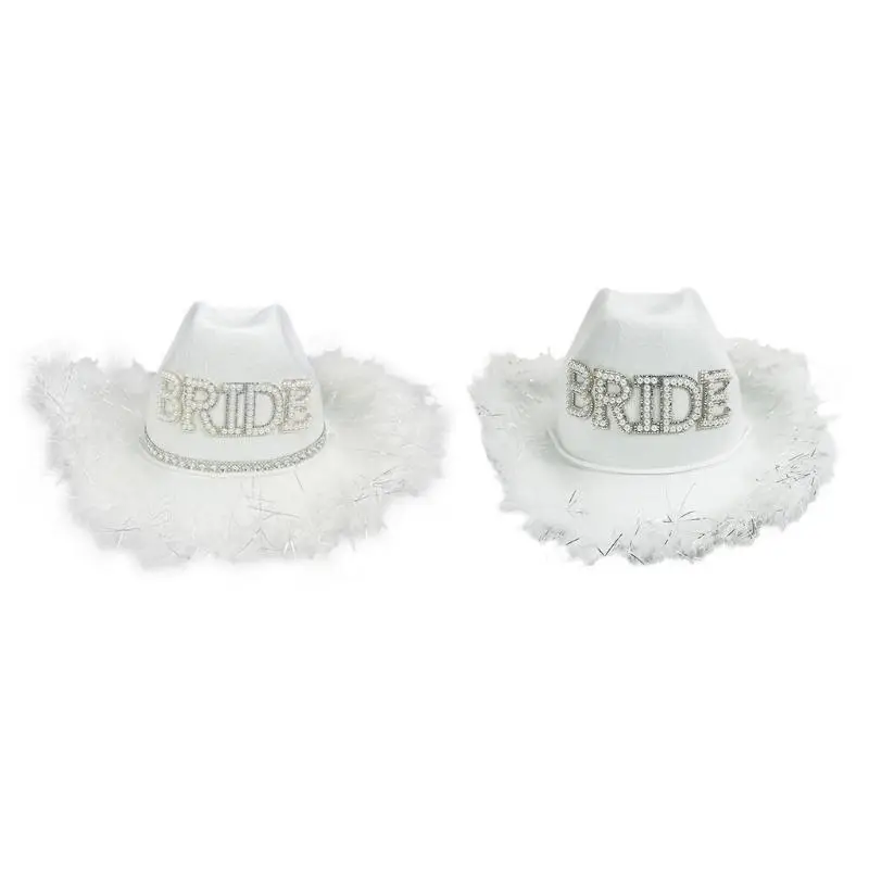 39BD Elegant Girl Cowboy Hats Plush Trim&Pearl BRIDE Letter Hat for Wedding Party