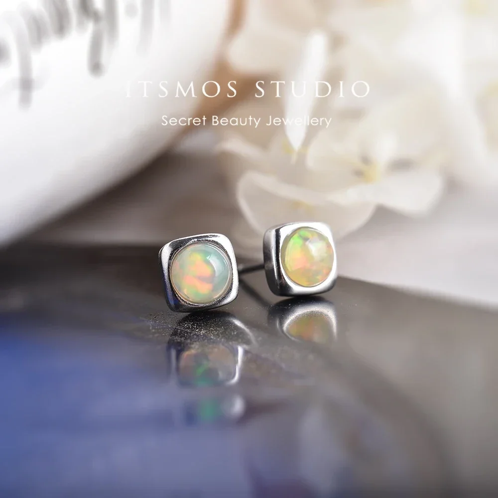 ITSMOS Precious Opal Earrings Silver Post 5mm Opal Cube Natural Gemstone Studs Square Piercing Earrings for Women Gift