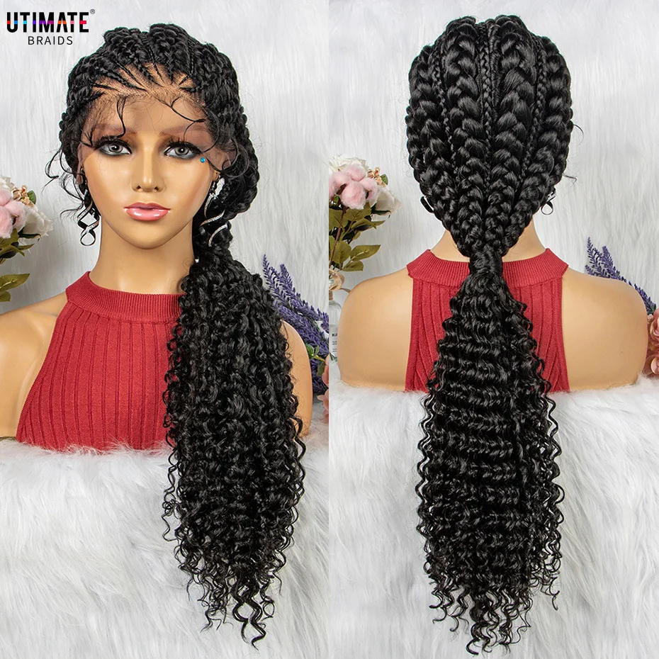 Lace Frontal Synthetic Braided Wigs Lace Front Braided Ponytail Wig Natural Knotless with Baby Hair for Black Women Daily Use