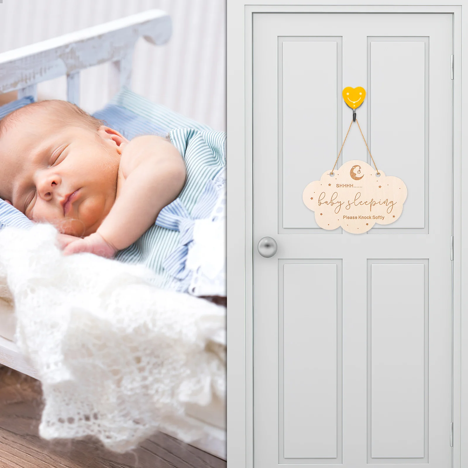 

6 pcs Wooden Sleeping Hanging Plaque Door Sign Wall Decor For Nursery Bedroom Daycare Cloud Shape Natural Wood Plaque Decoration