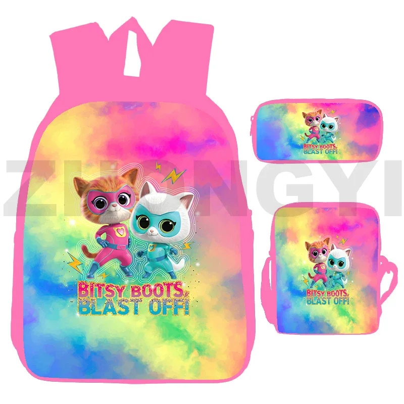 Canvas SuperKitties Backpacks Cute Cat 3D Anime Pink SuperKitties Mochila 3 In 1 Students Elementary Bookbag Cosplay Makeup Bag