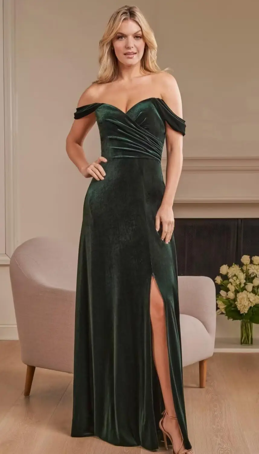 

Off The Shoulder Velvet Bridesmaid Dress for Women Pleated Maxi Long Wedding Guest Gown with Slit