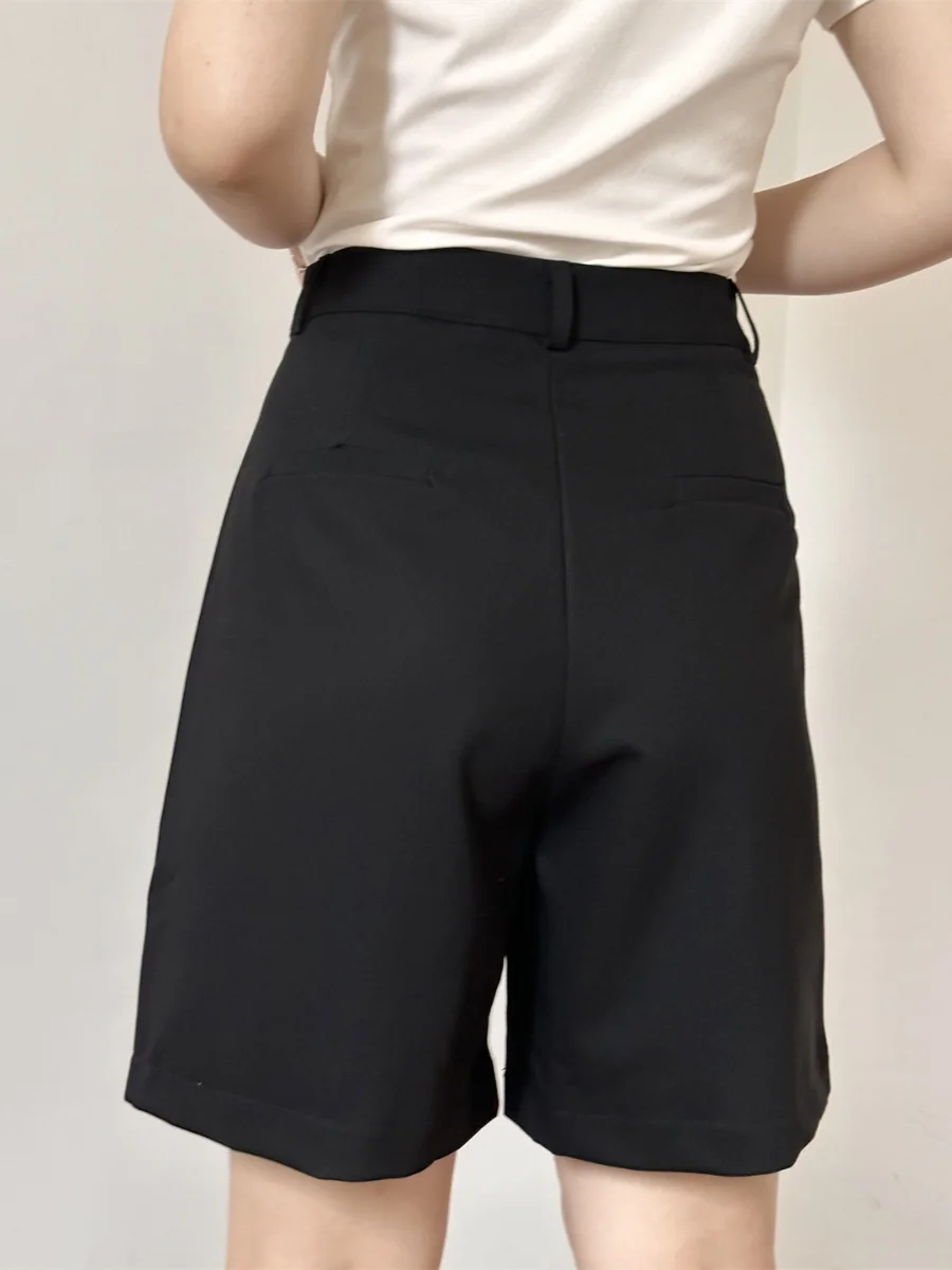 Pantaloncini Classici a Vita Alta e Gamba Larga, Neri, Casual, per il Lavoro, a Linea A, Estivi, Nuovi, Effetto Snellente a Pera