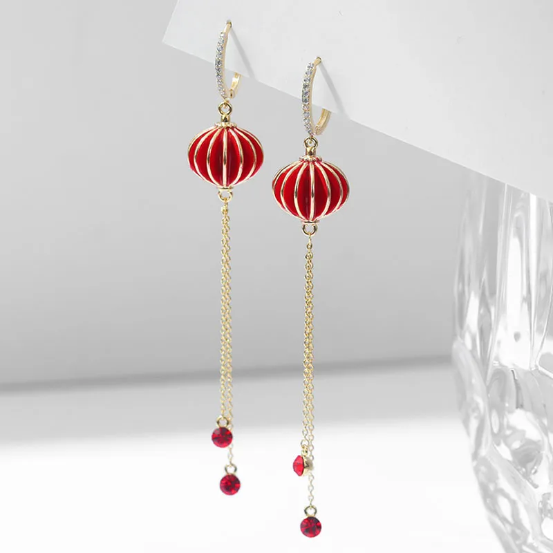 Japanese And Korean National Style Red Lantern Retro National Style Long Tassel Christmas New Year Earrings Girl