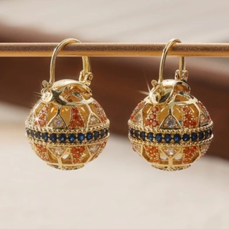 Exquisite Fashion Gold Color Round Inlaid with Multicolored Zircon Dangle Earrings for Women Daily Accessory Gifts