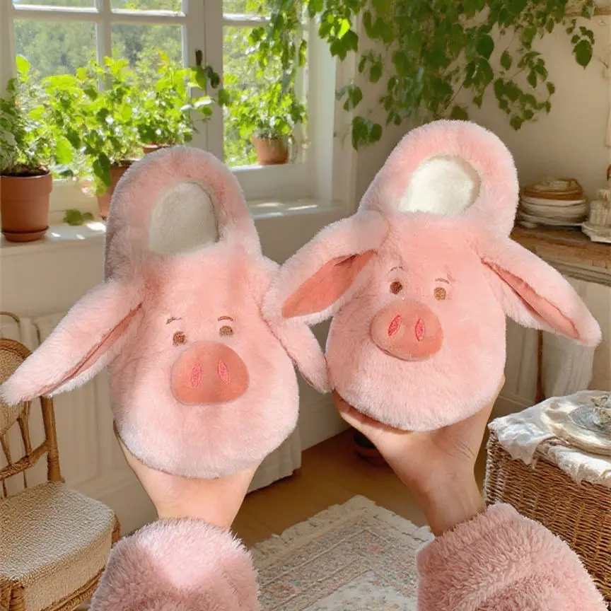 

Funny stereoscopic big ear pig slippers women cartoon animal piggy fur slides backless pink fluffy pig shoes