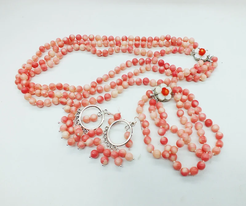 Exquisite  3 Layers, 6MM Classic Pink Coral Necklace/Bracelets/Stud Earrings African Bridal Jewelry Set