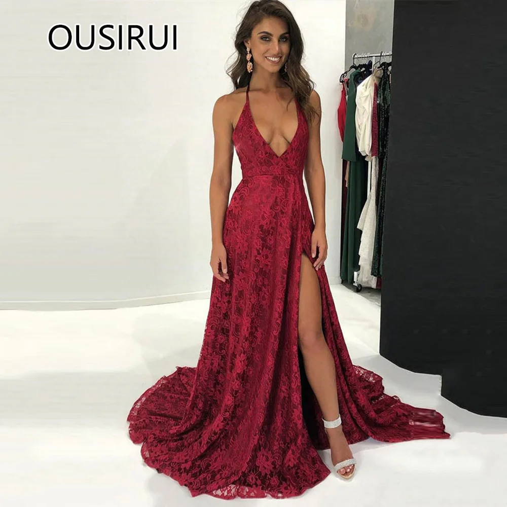 OUSIRUI Bride Spaghetti Straps abito da ballo in pizzo con scollo a v a-line Side High fessura Court Backless Prom abito da sera robe de mariée