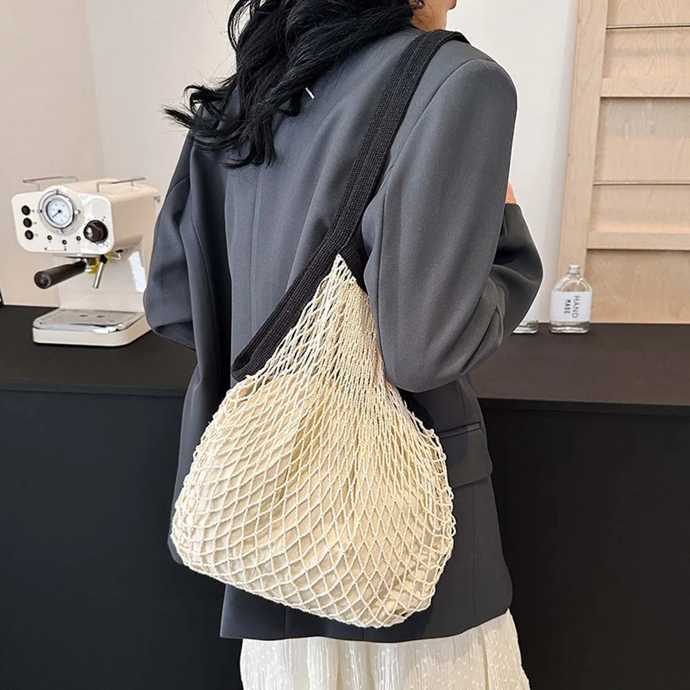 Polyester Hollow Woven Shoulder Bag Large Capacity Edge Covering Knitting Handbags Pockets Breathable Summer Beach Tote Bags