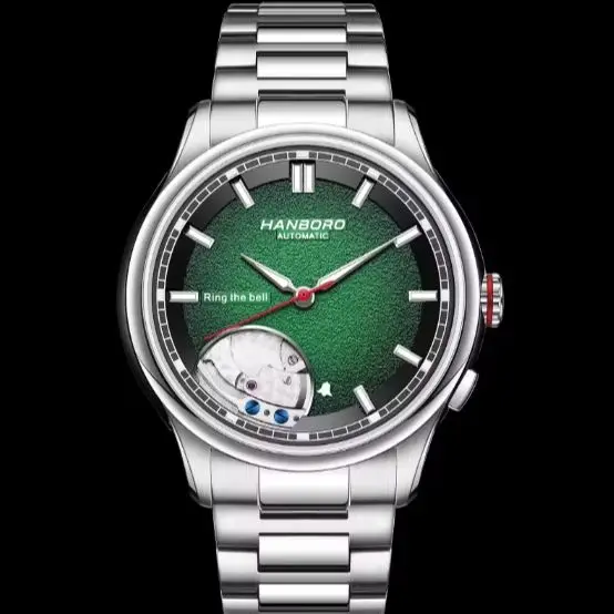 HANBORO Men Automatic Watch Alarm Mechanical Wristwatch 50m Waterproof Sapphire Mirror Luminous Gradient Dial Miyota 9015