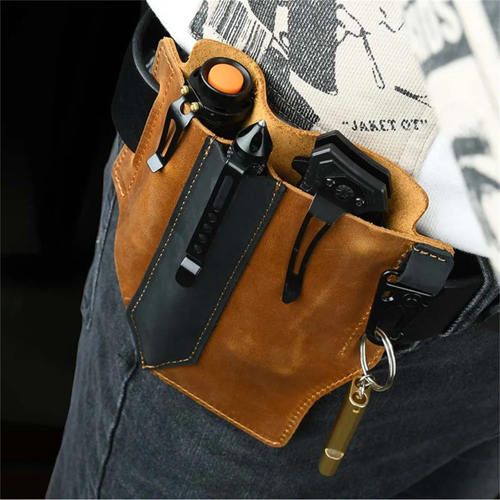 Brand Men's Genuine Leather Fanny Waist Pack, Portable Tool Pouch for Knife, Flashlight, Hunting, Camping, Tactical Packs