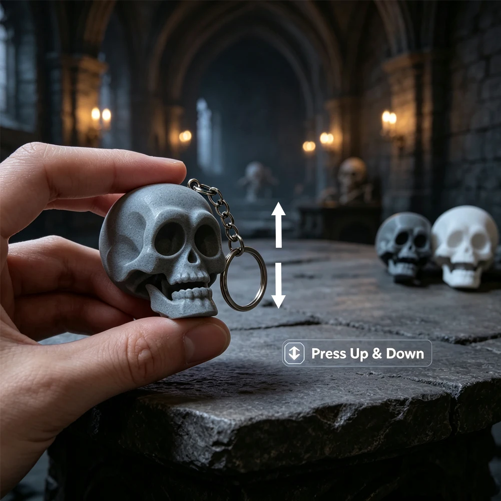 3D Printed Skull Fidget Keychain Movable Jaw Press Clicker Decompression Toy Gothic Pendant Unique Stress Relief Halloween Gift