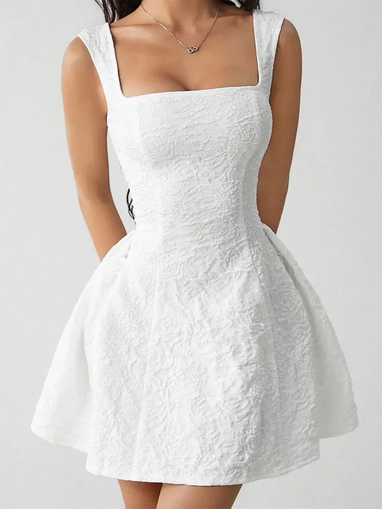 Summer New Women's Dresses Solid Sexy Sleeveless Square Neck Streetwear Fashion Floral Lace A-Line Mini Dress Female Clothing - view 4