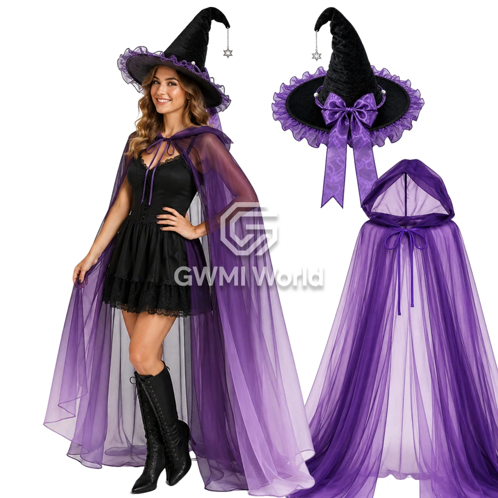 Women Purple Sheer Tulle Hooded Long Cloak Witch Hat Lolita Vampire Ghost Black Cape Halloween Carnival Party Cosplay Costume