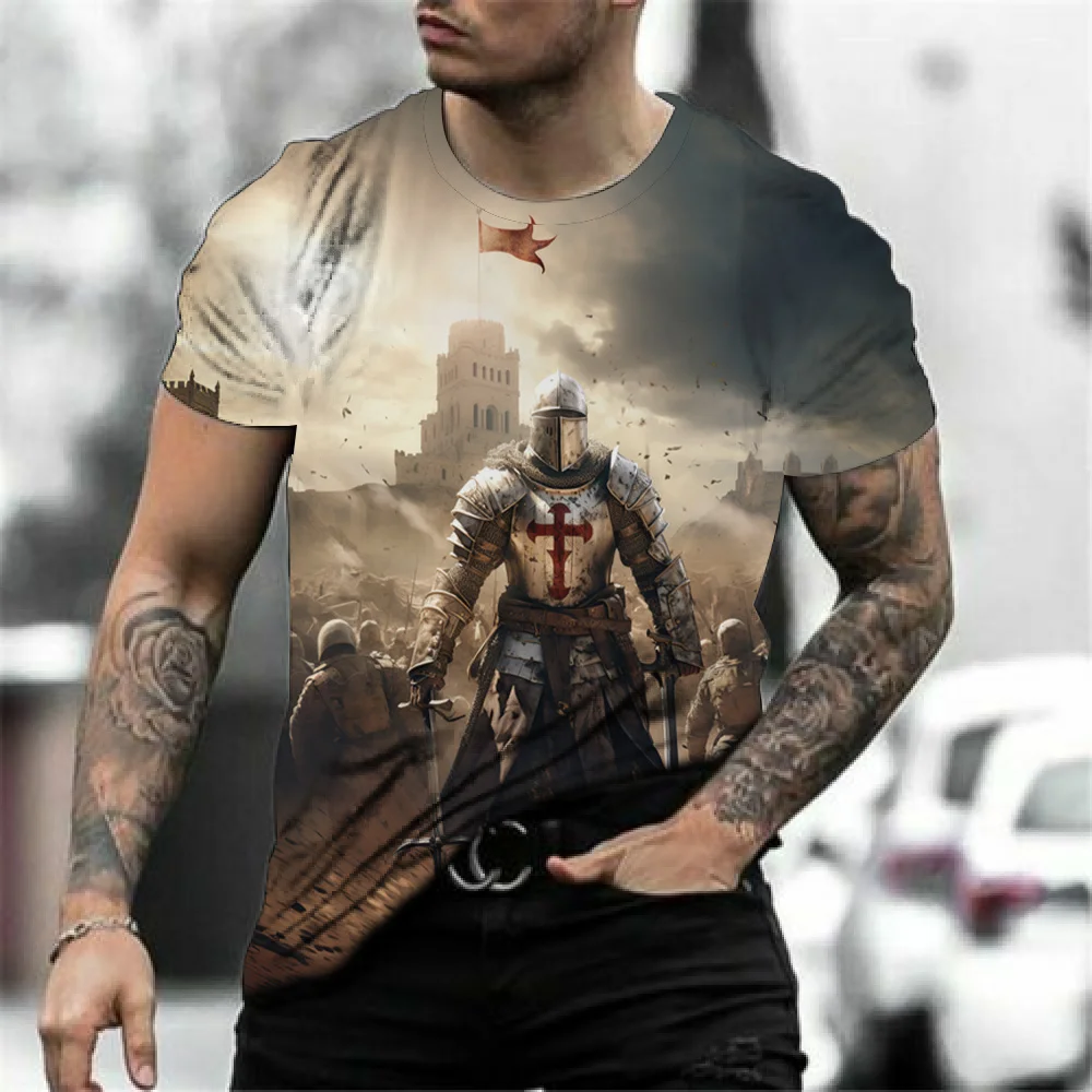 Retro Knights Templar Cross Print Men\'s T-shirts Summer Casual Loose Round- Neck Tee Shirt Sports Tees Oversized T Shirt For Men