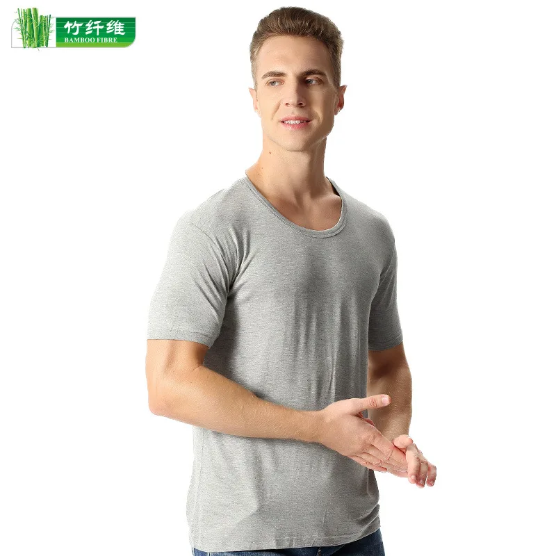 Spring and summer men\'s new thin bamboo fiber T-shirt soft elastic plus size round neck short-sleeved tops tee shirt homme