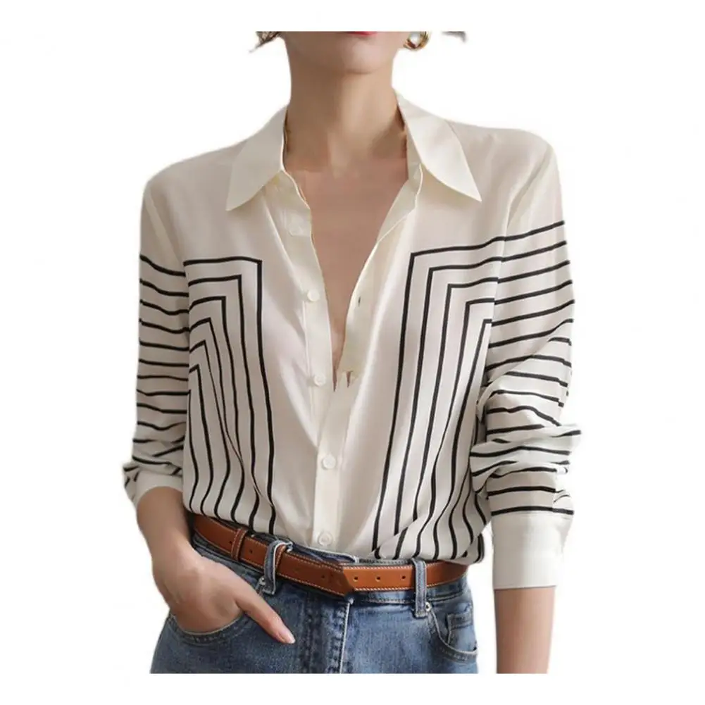 

Women Chiffon Shirt Elegant Striped Print Chiffon Shirt for Women Lapel Long Sleeve Loose Fit Blouse Single Breasted Black White