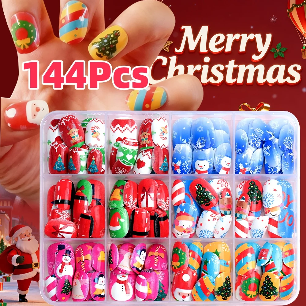 

120/144 шт., рождественские детские накладные ногти с рисунком Санта-Клауса/снежинки/лось, накладные ногти, короткие круглые детские рождественские накладные ногти, кончик