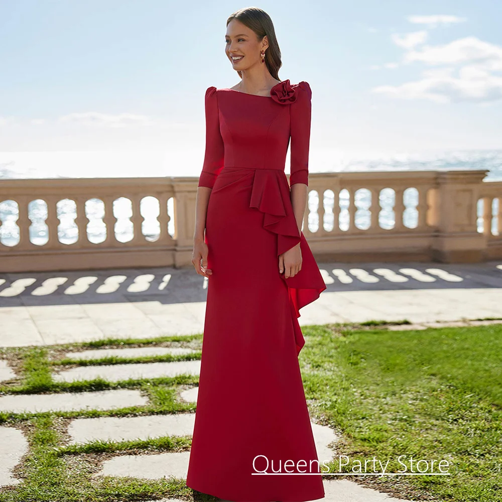 

2025 Mother of The Bride Dress Customized 3/4 Sleeves Flower Sweep Train Ruffles Mermaid Evening Dresses Wedding Guest Gown