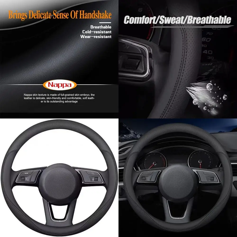 

Новейший кожаный чехол на руль автомобиля Nappa, стильный нескользящий кожаный салон автомобиля, 15 дюймов, универсальный (черный)