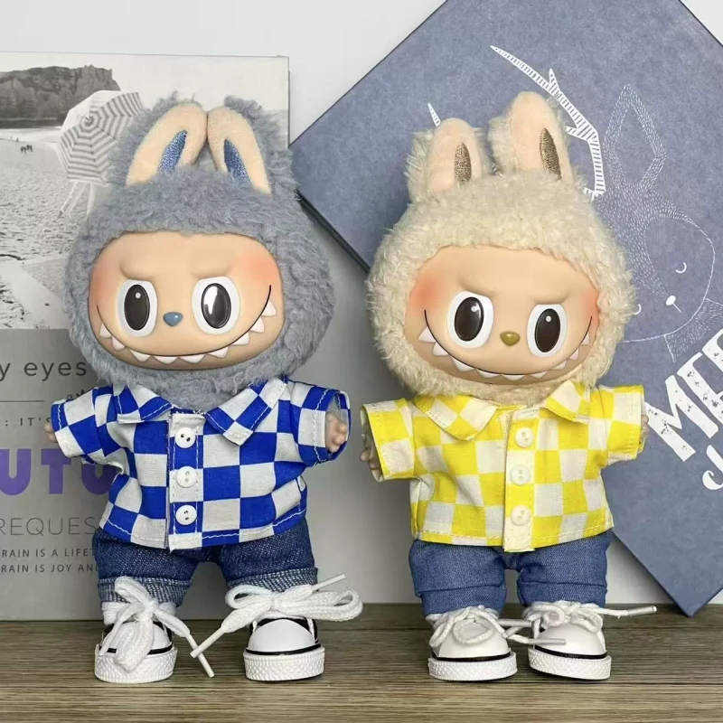 

For/clothe 17cm Labubu Clothes V1v2v3 Labubu Dress Blue Checkered Shirt Vinyl Pendant Jeans Set For Changing