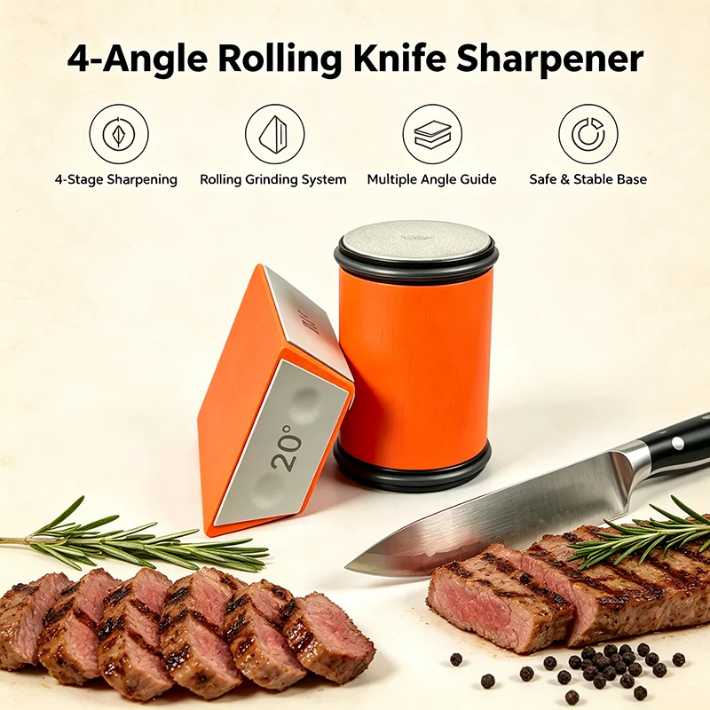 Orange Four-Speed Angle Rolling Knife Sharpener Manual Grinding Stones Kit Chef Professional Kitchen Knife Sharpening Tools Sets