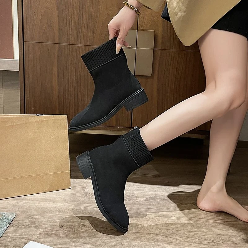 Chic Square Toe Knitted Women Boots Slim Fit Matte Leather Mid Block Heel Elastic Sole Ankle Booties Trendy Footwear