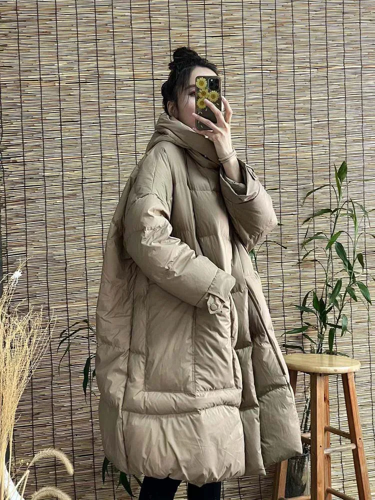 Schinteon Women White Duck Down Long Jacket with Hood Loose Over Size Coat Autumn Winter Warm Outwear Korean Style Big Pockets