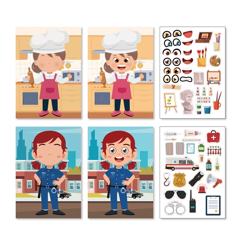 Kids DIY Make A Face Stickers Creative Make Your Own Doctor Chef Police Men Puzzle Stickers Children Boys Girls Education Toys