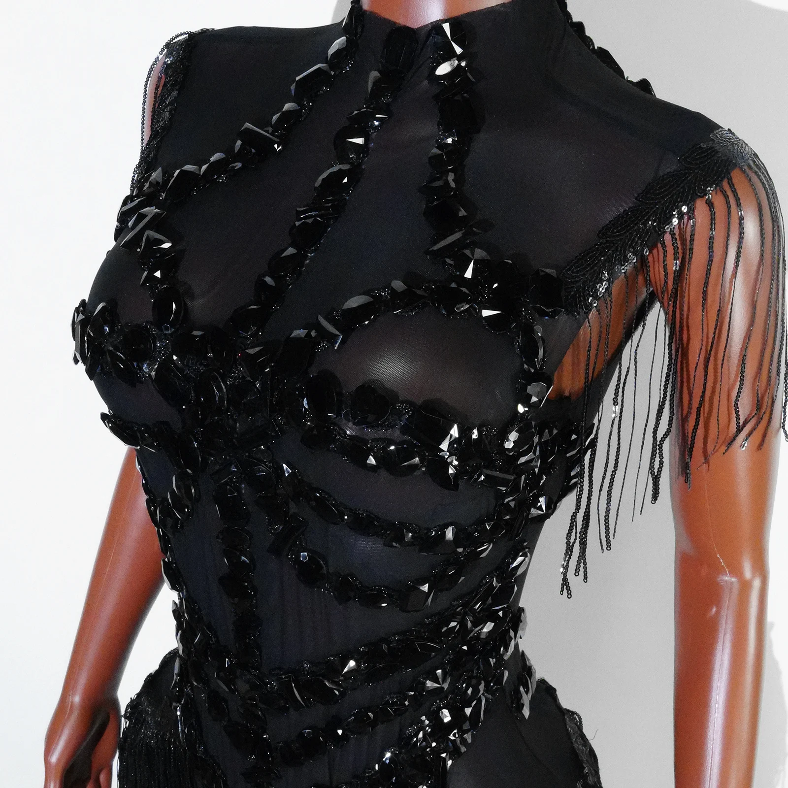 New Black Crystal Mesh See Through Bodysuit Women Sexy Fringe Leotard Nightclub Party Celebrate Pole Dj Dance Clothing Stage