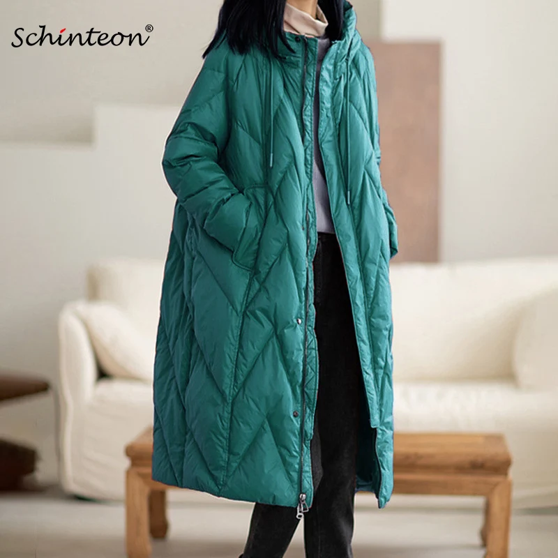 

Schinteon Women 90% White Duck Down Long Jacket with Hood Casual Loose Over Size Winter Warm Outwear High Quality 2023 New