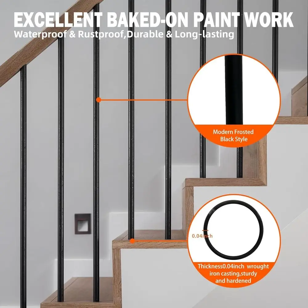 مجموعة من 10 درابزينات معدنية مستديرة مجوفة ومستقيمة للطوابق، درابزين سلالم 5/8، لمسة نهائية من الساتان باللون الأسود