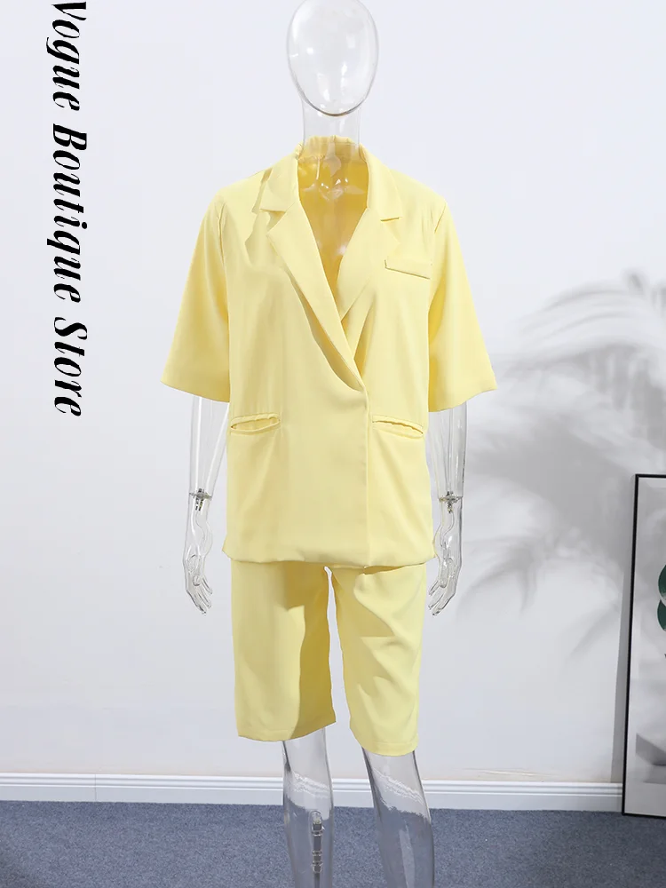 

Elegant Button Yellow Blazer Women Solid Short Sleeve Turn-down Collar Loose Coat 2025 Summer Autumn Commute Pocket Outwear Lady
