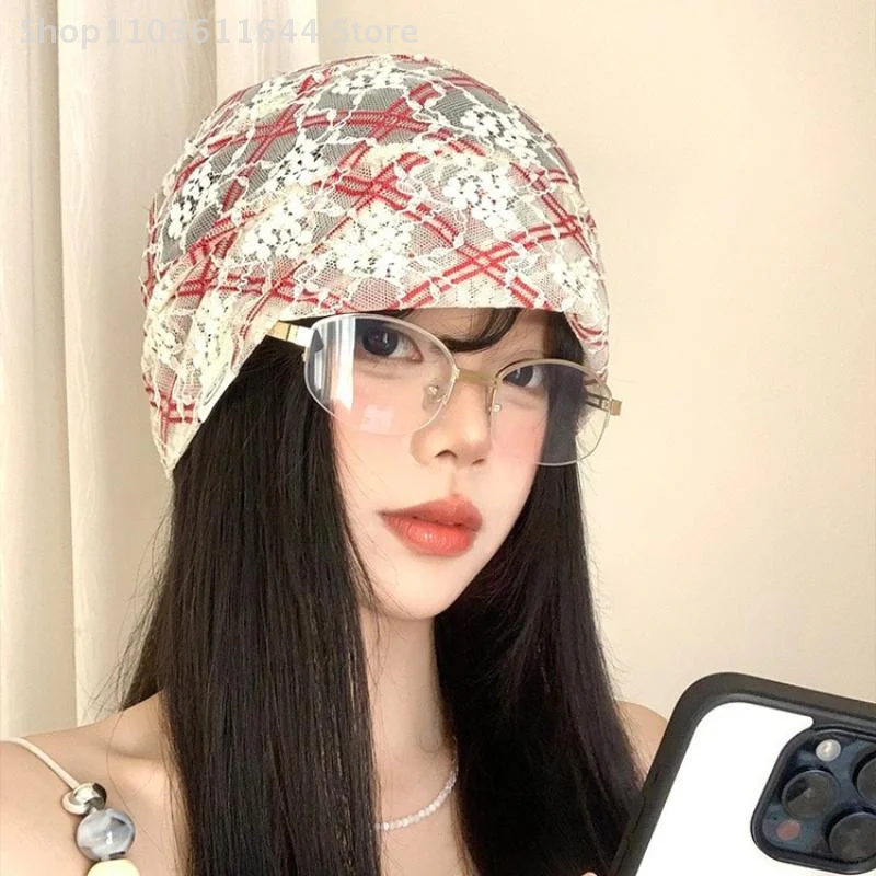 

Korean Ins Popular Contrasting Lace Pullover Beanies Cap Y2K Summer Fashionable Versatile Breathable Retro Stack Hats Women