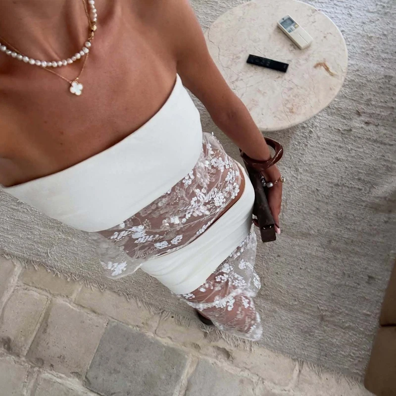 

Temperament Slim Vacation Set Fashion New Tube Tops Lace Vest And Skirts Set Elegant Lady Off Shoulder Pleated Party Skirts Sets