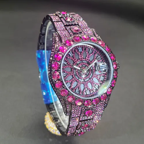 Imagen 2 del producto Reloj de hielo rosa para hombre, marca de moda MISSFOX Hip Hop, joyería de lujo con diamantes, reloj de pulsera de cuarzo para hombre, nuevo 2025