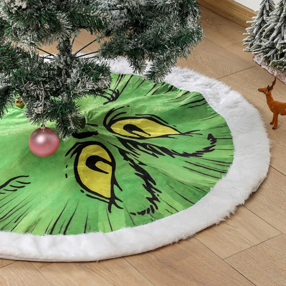 Decoração de natal monstro de pele verde pelúcia avental de árvore de natal com luzes saia de árvore decorativa brilhante grinch saia de árvore