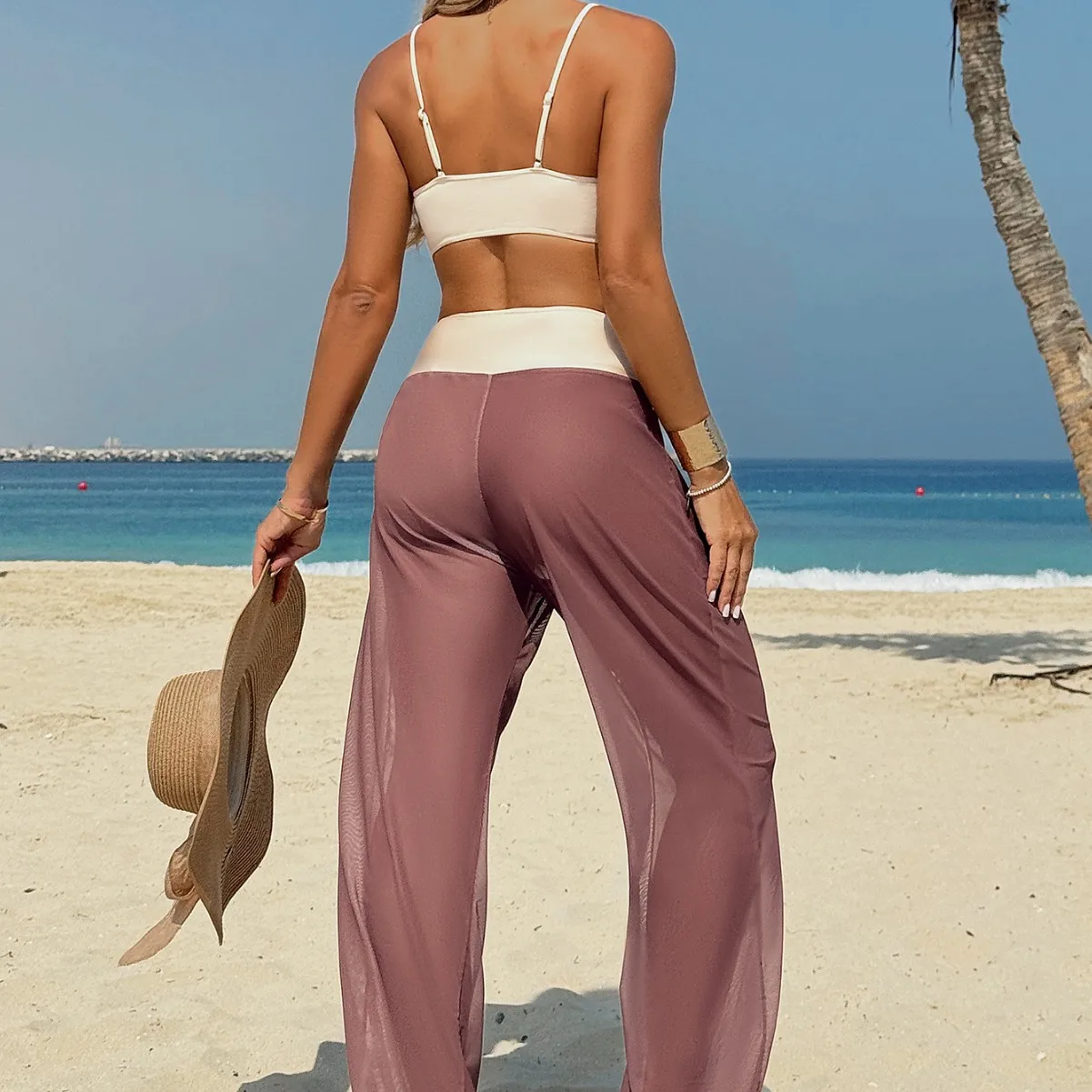 3 Pcs Women Bikini Swimsuit Metal Decor Bathing Suit Spaghetti Strap Top High Waist Mesh Cover‑Up Pants Brazilian Beach Swimwear