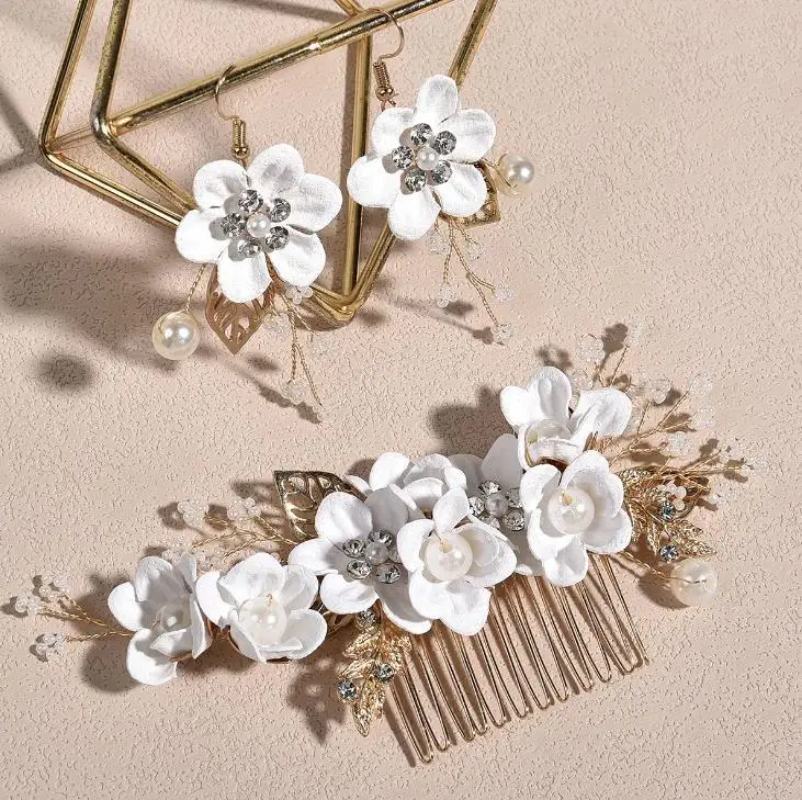 Handmade Hair Accessories For Bride Delicate Crystal bead Flower Hair Combs Metal Tiaras Women Party Hair Jewelry with earrings