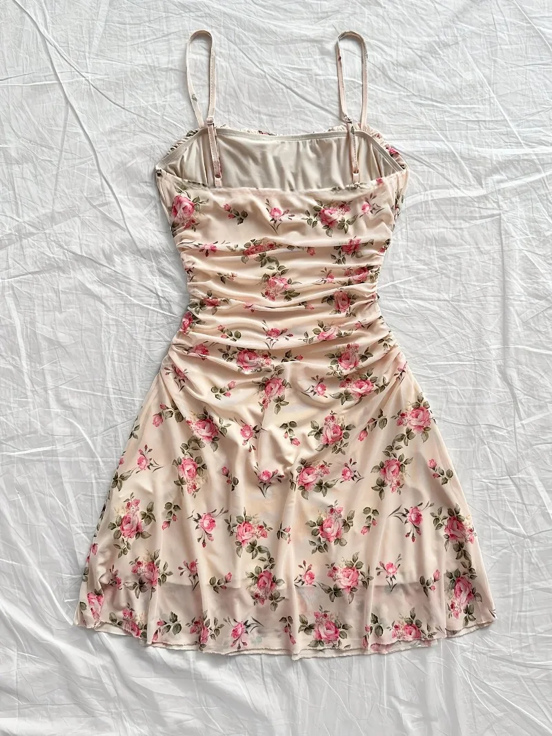 Elegantes Trägerkleid mit Blumendruck für Damen, Sommer, schmale Passform, gerüschtes, figurbetontes Minikleid, Party- und Strandkleid für Damen
