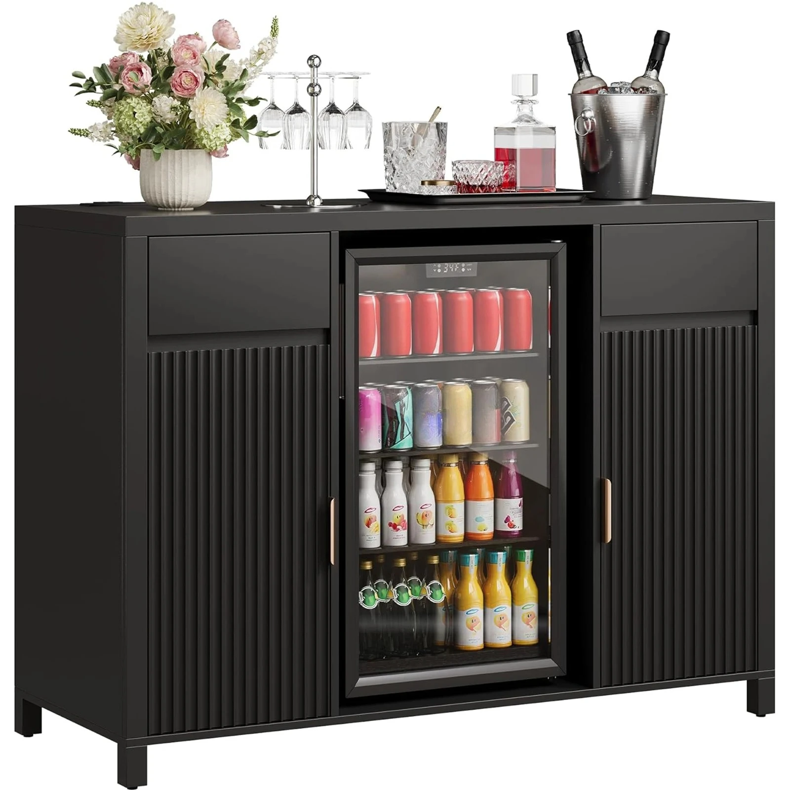 Charging Station, Wine Rack Storage Buffet Sideboard For Dining Room,53'' Fluted Coffee Bar Cabinet With Mini Fridge Space
