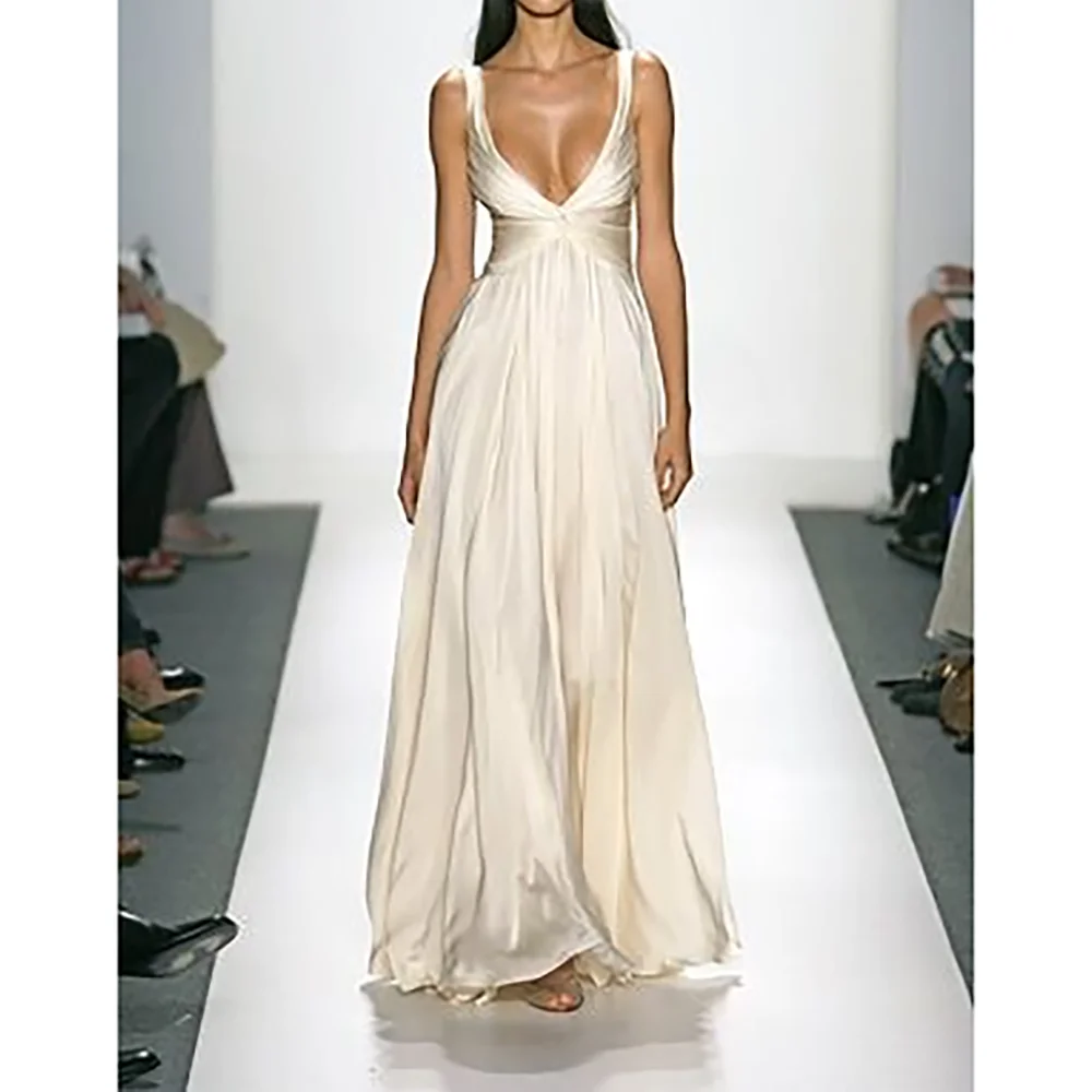 

Deep V Neck Spaghetti Strap Women Prom Gown Sleeveless Floor Length A Line Banquet Cutom Stylish Dress