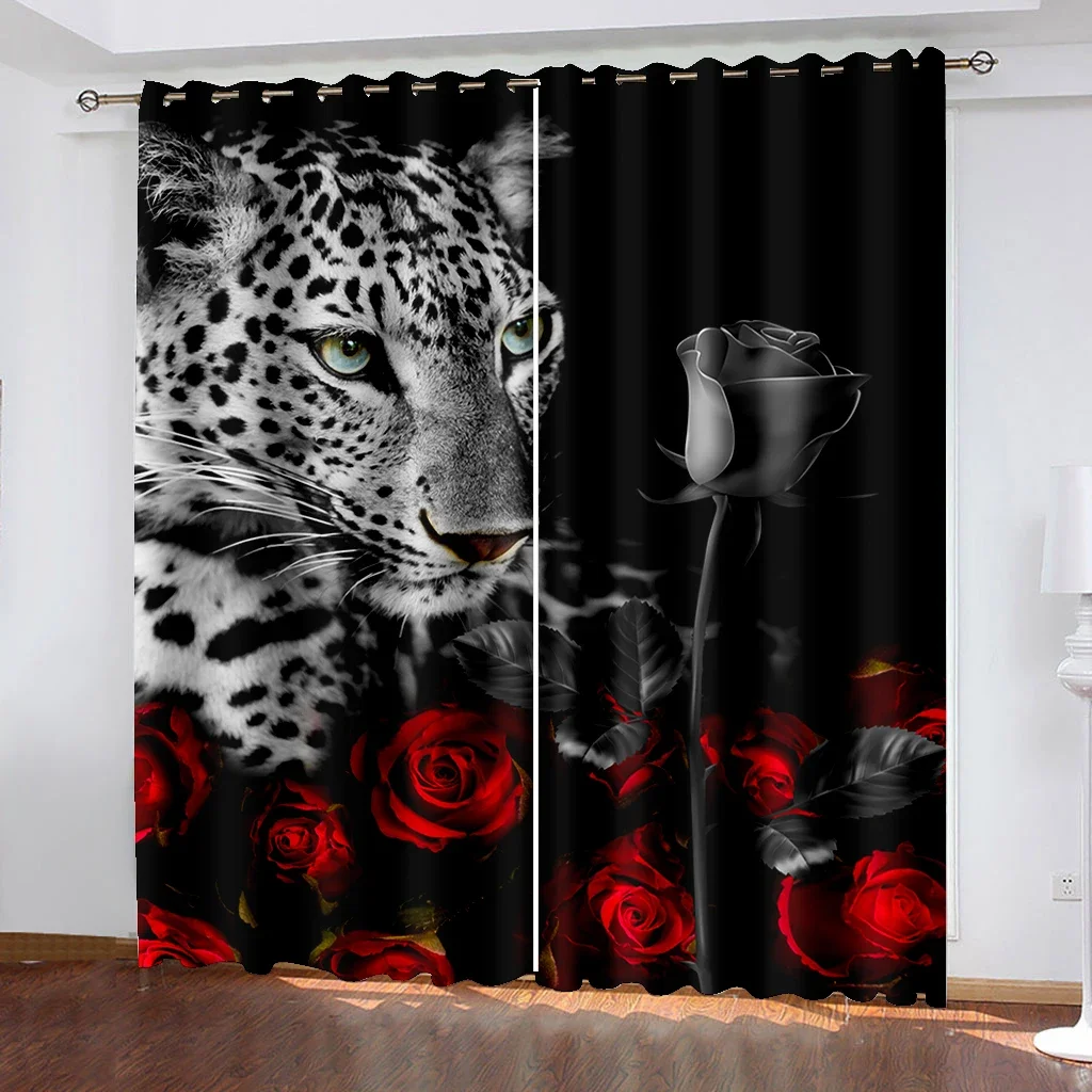 Rose Floral Cheetah Jungle Wildlife Print Two Drape Thin Window Curtains for Living Room Bedroom Decor 2 Pieces Free Shipping