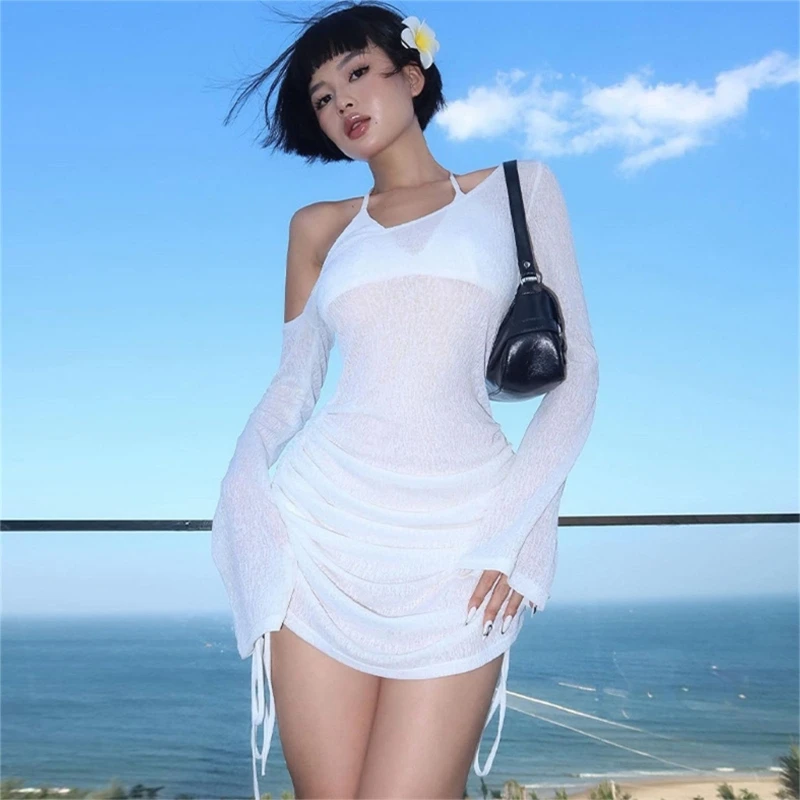 Minivestido transparente manga larga con hombros descubiertos y cordón para mujer