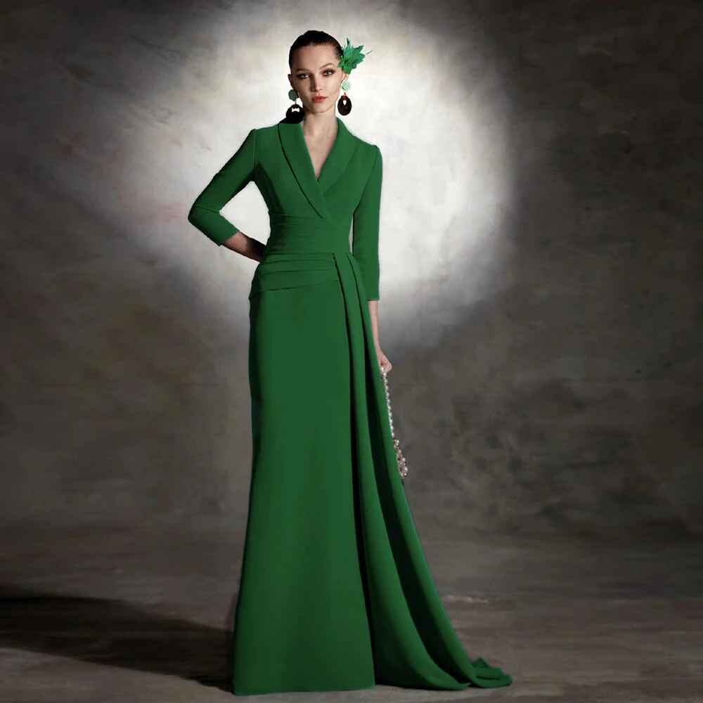 

Elegant Green Evening Celebrity Dresses 2023 V Neck 3/4 Sleeves Pleats Soft Satin Formal Prom Gowns Robe De Soirée