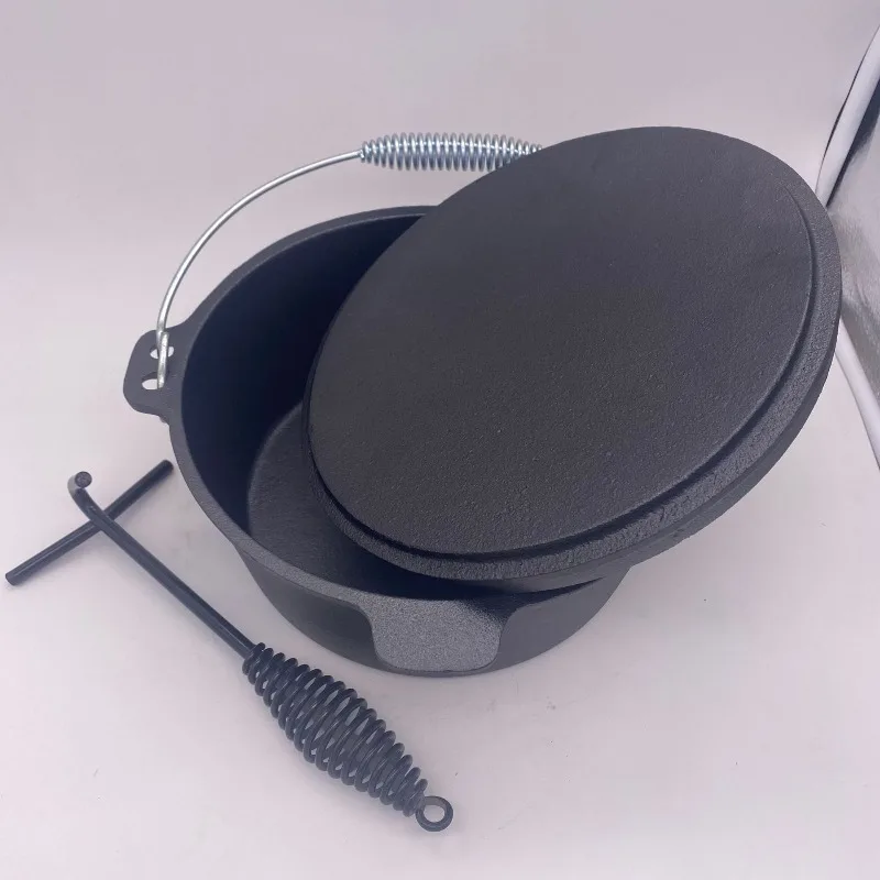 Cast Iron Pot 25cm Camping Stew Pot, Thickened Hanging Pot Cast Iron Dutch Soup Pot, Flat Bottom with Hand Hook